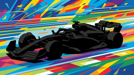 Black formula one race car silhouette against a colorful abstract background with bright speed lines. Suitable for sportsthemed designs and automotive marketing materials. © se