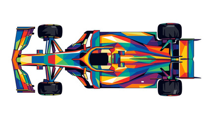 Geometric polygon pattern race car topdown view in bright colors ideal for racing events, sports design, and automotive themes. © se