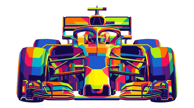 Geometric art of a multicolored f1 racing car. Perfect for sportsthemed designs, posters, banners, and racing events promotions.