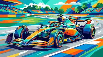 Race car formula one track vibrant abstract geometric digital art suitable for racing event promotion materials, posters, websites, and social media graphics. © se