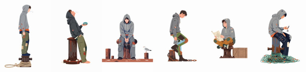 Set of illustrations featuring a young man in ragged clothes at a harbor, depicting themes of homelessness, travel, and survival. © Minjun