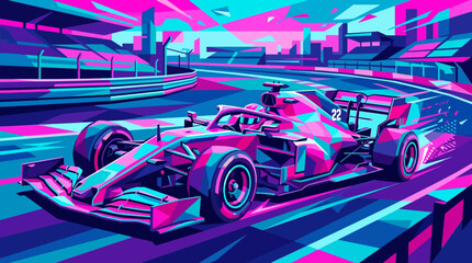 Naklejka premium Dynamic neon polygonal art of a formula one race car on a highspeed circuit track, perfect for sports, racing, and technology themes.
