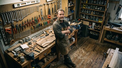 Naklejka premium Experienced woodworker standing in a cluttered workshop with hand tools and workbench. Skilled carpenter in a woodworking studio preparing timber and repair projects.