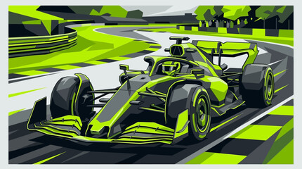 Naklejka premium Green neon stylized formula one race car speedway circuit dynamic illustration art design suitable for race car events promotion materials.