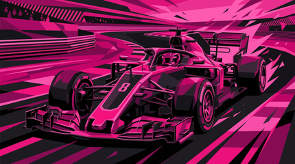 Fastpaced motorsport art featuring a sleek magenta formula one race car speeding on a blurred track. Suitable for sports design projects. © se
