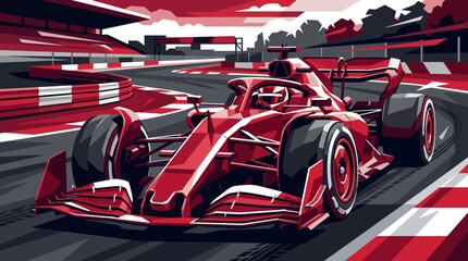 Red racing car speeding along track with bold lines in minimalist art style with vivid colors. Ideal for sportsrelated designs. © se