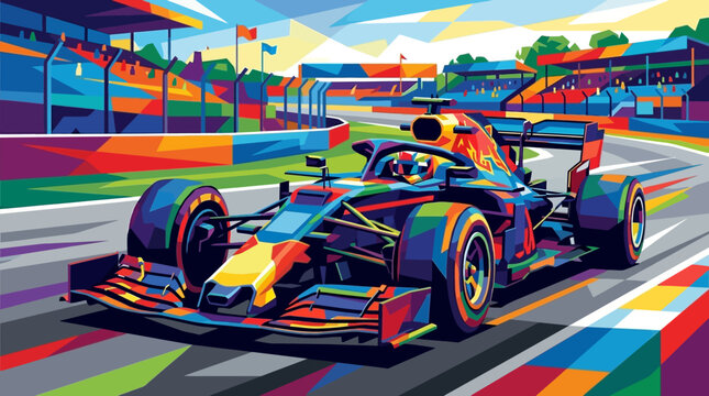 Multicolored geometric art of a red bull formula one race car on a track, ideal for sportsthemed designs. Bold, dynamic, and eyecatching graphics for race car enthusiasts.