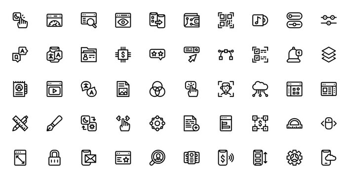 User Interface icon set. Minimalist UI icons pack. Featuring night mode, speedometer, search, eye, sharing, wallet, QR code, playlist, switches and more. Editable vector stroke.