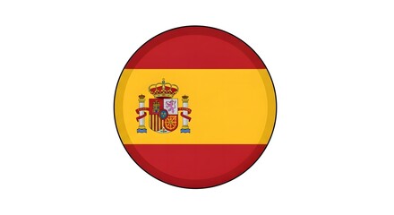 Obraz premium A circular pin icon featuring the national flag of Spain with its detailed coat of arms centered.