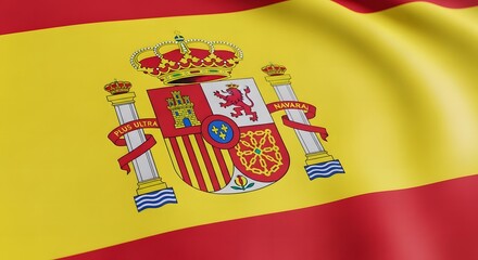 Obraz premium A detailed close-up view of the Spanish flag fabric showing the intricate coat of arms embroidery.