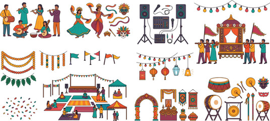 Fototapeta premium Traditional Indian cultural festival mela celebration elements and folk music dance carnival vector illustration set