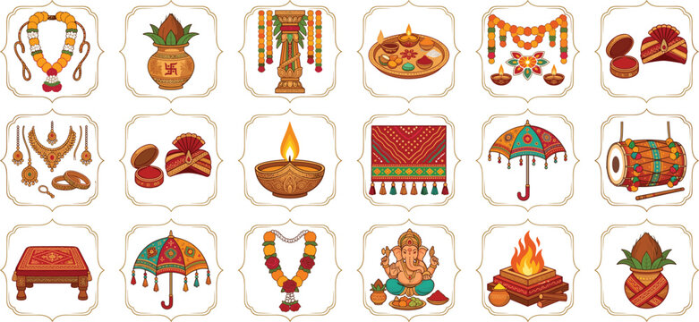Traditional Hindu wedding ceremony elements and corporate cultural festival celebration flat icon vector illustration set