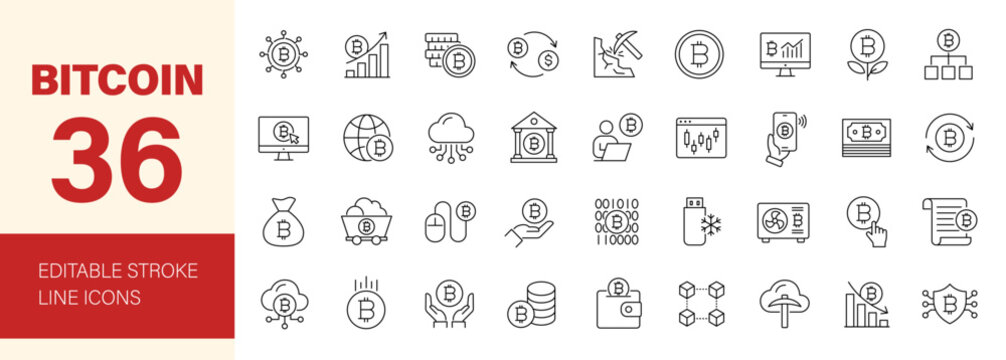 Bitcoin and Cryptocurrency icon set. Editable line icons. Vector illustration.