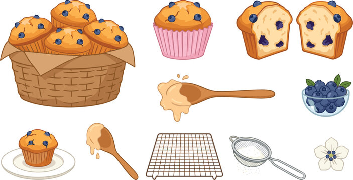Blueberry Muffin Baking Illustration Set with Fresh Pastries in Basket, Wooden Spoons, Cooling Rack, Sifter, Batter, and Fresh Berry Ingredient Elements