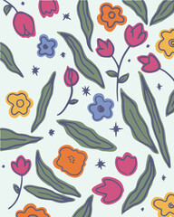 Obraz premium A seamless floral pattern featuring hand‑drawn tulips, daisies, and abstract blossoms in cheerful shades of pink, orange, yellow, and blue