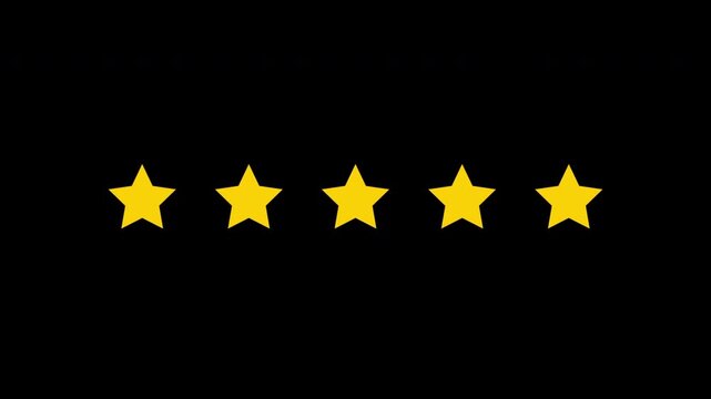 Five Star Rating Success Animation with Golden Icons on Black Background