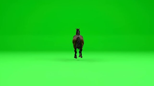 A brown horse walks away from the camera on a green screen background.