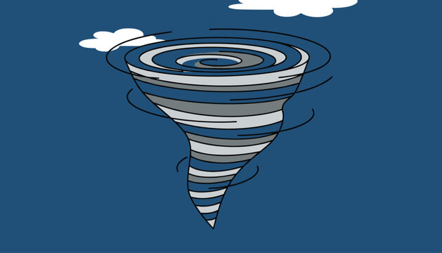Tornado or whirlwind storm spinning against a dark blue sky with scattered white clouds in cartoon style.