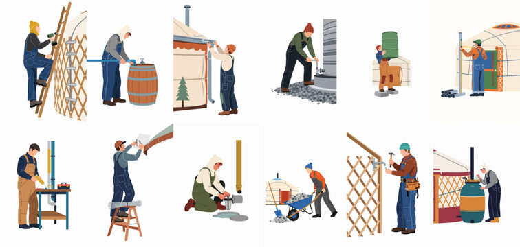 Set of flat vector illustrations depicting people performing various maintenance, construction, and water harvesting tasks for off-grid yurt living and sustainable homes.