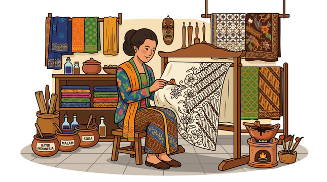 Batik artisan at work in a traditional Indonesian workshop, drawing intricate patterns with canting and hot wax, flat vector art, vibrant cultural colors, clean geometric shapes, professional design.
