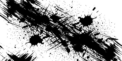 Obraz premium Black ink splatters and brush strokes create an abstract dynamic design on a white background.