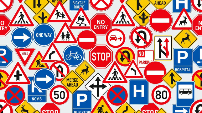 Seamless pattern of international traffic signs and transportation symbols, flat vector illustration, colorful icon background, editable vector, modern clean design, vibrant color palette, white backg