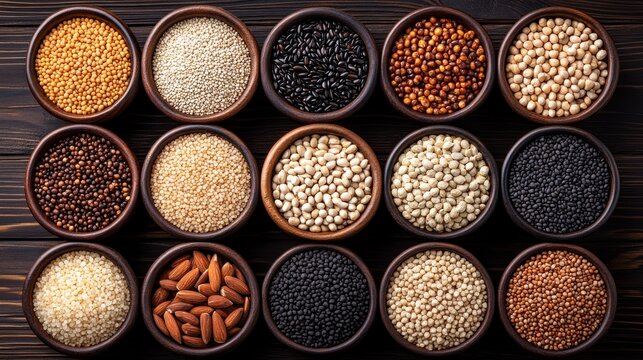 Assorted grains and seeds in small bowls on a dark wooden surface