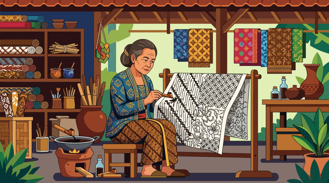 Batik artisan at work in a traditional Indonesian workshop, drawing intricate patterns with canting and hot wax, flat vector art, vibrant cultural colors, clean geometric shapes, professional design.
