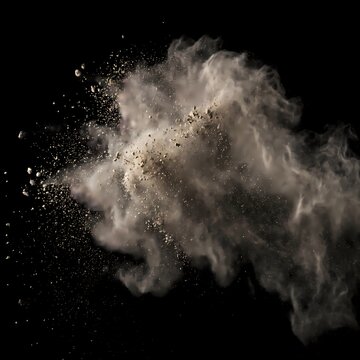 Powerful explosion of dust and debris cloud isolated on dark background showing impact motion.