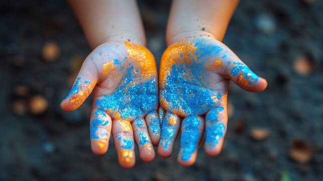 Child's hands, painted with blue and gold glitter, held open