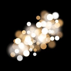 Fototapeta premium Golden bokeh light circles creating abstract warm glow effect on solid black background studio.