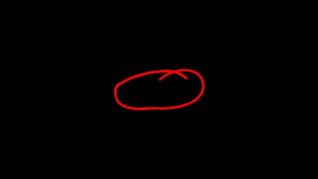 A red oval shape with a small line through it on a black background