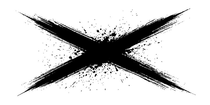 A stark black X symbol, rendered with rough brushstrokes and a grunge splatter effect, conveys a bold message of negation, error, or deletion.