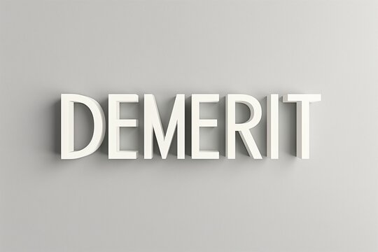 ライトグレーの背景の前にあるDEMERITの太い立体的なアルファベット文字　
