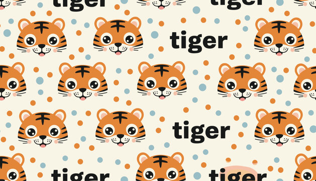 Seamless pattern of cute cartoon tiger faces with orange and blue dots and tiger text on a light cream background.