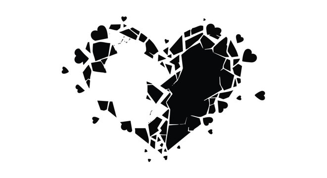 Heart shape shattered into multiple sharp fragments represents the emotional pain of a broken relationship or deep sadness.