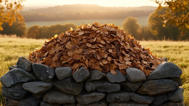 Autumn leaves atop stone wall