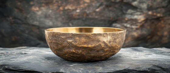 Fototapeta premium A rustic handcrafted bronze bowl resting upon natural dark slate stone surface handcrafted bronze bowl with a rustic textured finish on natural dark rock