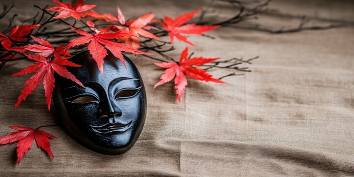 Elegant black masquerade mask placed near vibrant red autumn maple leaves on rustic texture