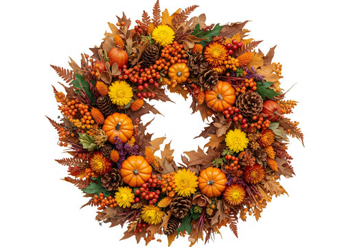 Colorful autumn wreath with pumpkins and fall leaves decoration