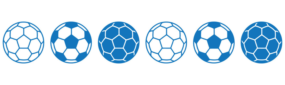 A row of blue and white soccer ball icons isolated on a clean white background for web design.