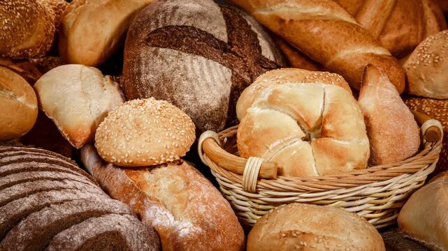 Assorted fresh bakery products displayed in rustic basket with artisan loaves and various bread types in cinematic studio light.