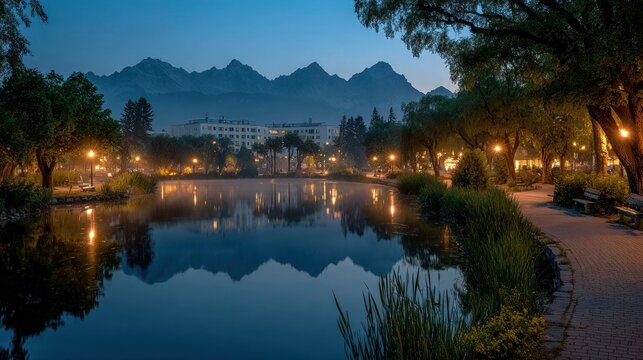 Misty mountain town park at dawn