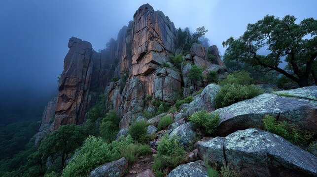Misty mountain peaks, rocky terrain
