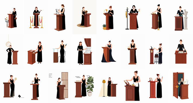 Large collection of elegant female hostess illustrations in formal black attire managing podiums for restaurant, hotel, and luxury event hospitality services.