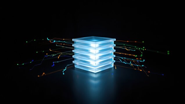 Futuristic glowing digital stack of interconnected blocks with vibrant data streams radiating in a sleek, high-tech composition
