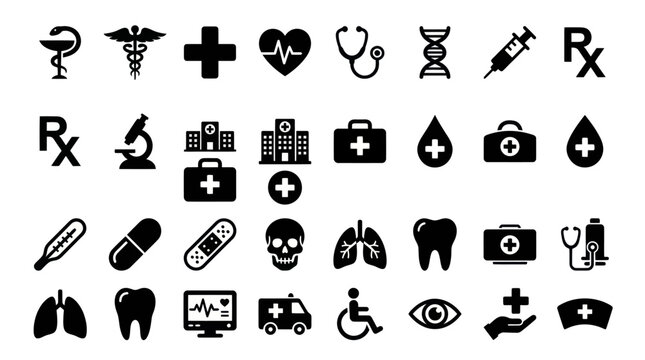 Medical icons depict various healthcare symbols on a white background