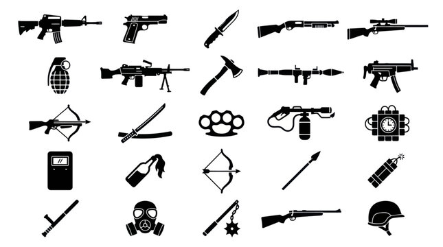 A collection of various weapons and military gear on display
