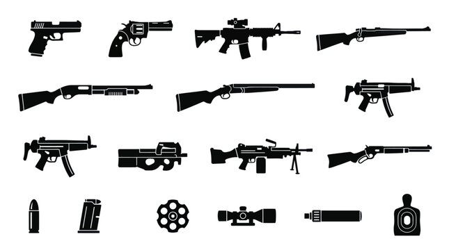 Various firearms and ammunition displayed on a white background for reference.
