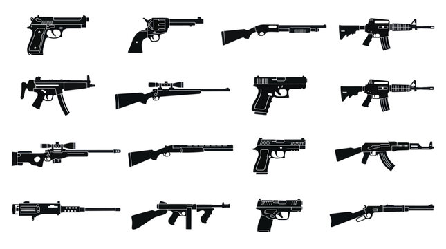 Assorted firearms on display in a neutral setting from various angles.